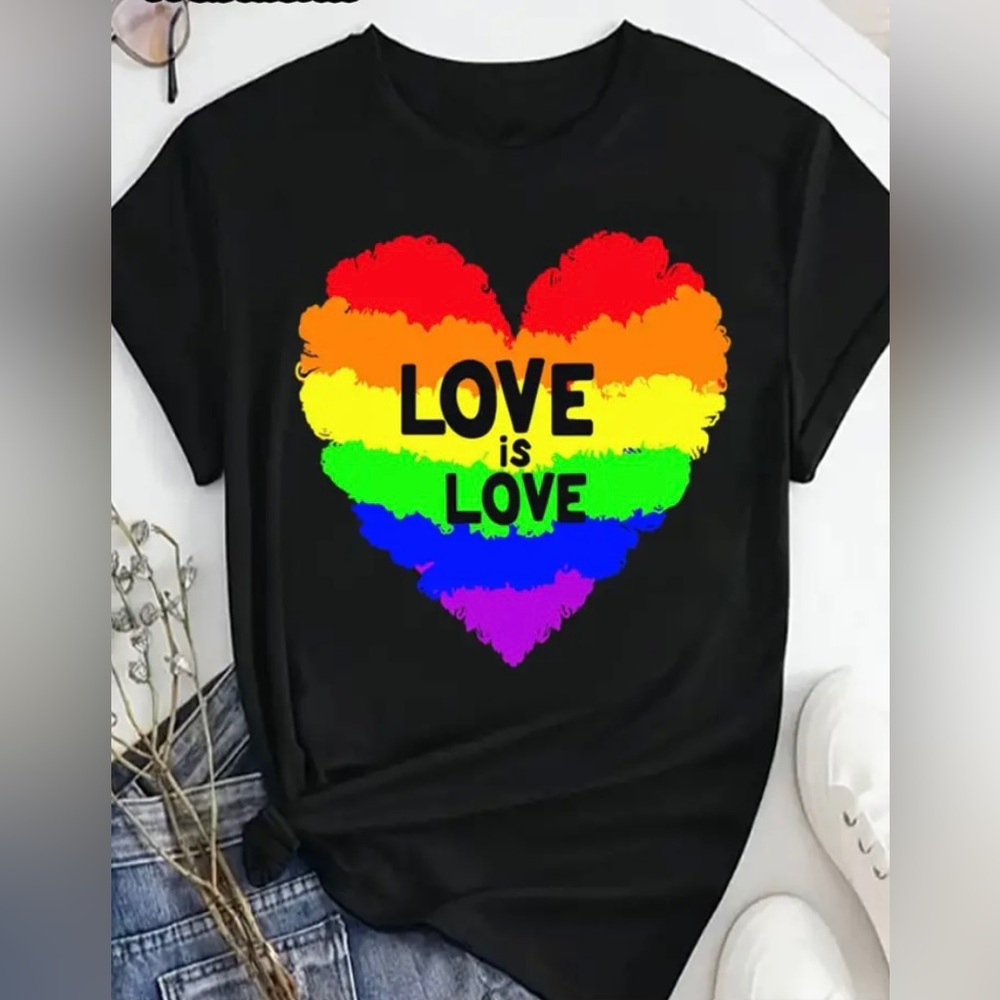 Women’s Love is Love Rainbow Heart Black Crew Neck TShirt. Various Sizes.